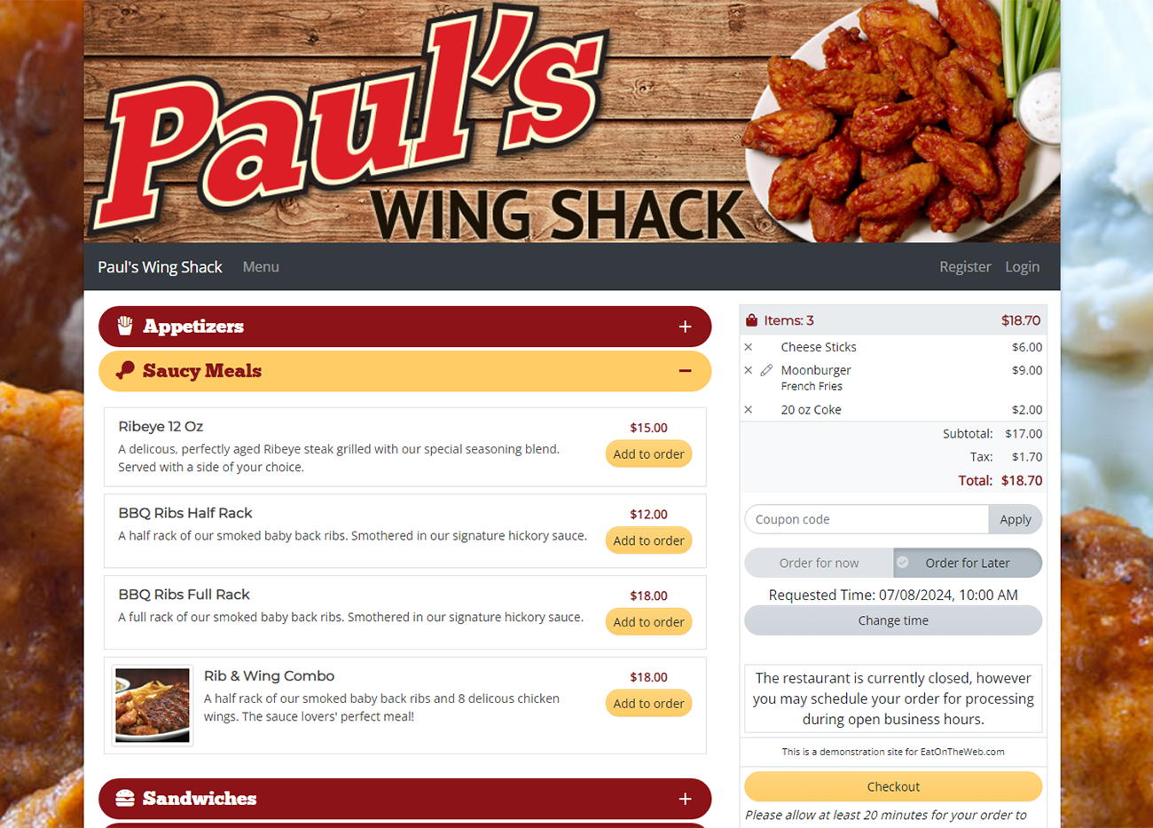 Screenshot of a fast food ordering system showing an online restaurant menu, item selection, cart summary, and checkout flow.